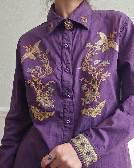 Embroidered purple gold long sleeve shirt, vintag… - image 1