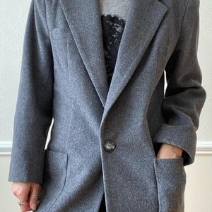 Wool blend soft Blazer, women&#39;s jacket, Dark Academia Warm gray S M Vintage Elegant buttoned office wear preppy