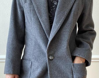 Vintage Wool Blend Womans Jacket: Dark Academia Gray Blazer. M
