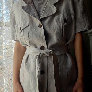 100% Leinen naturgrau Kurzarmjacke, Vintage, Damen Frühling L XL Vintage geknöpft Gürtel Kragen