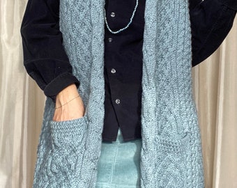 Sweater Cableknit 100% merino wool Irish cardigan vest, vintage dusty blue pockets XL