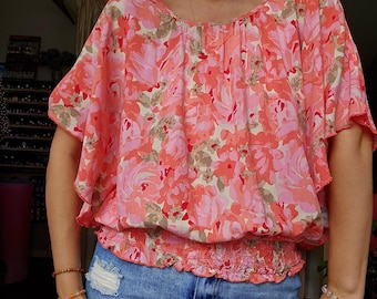 Blusa vintage floral con mangas murciélago: Top romántico de rayón de los años 80/90