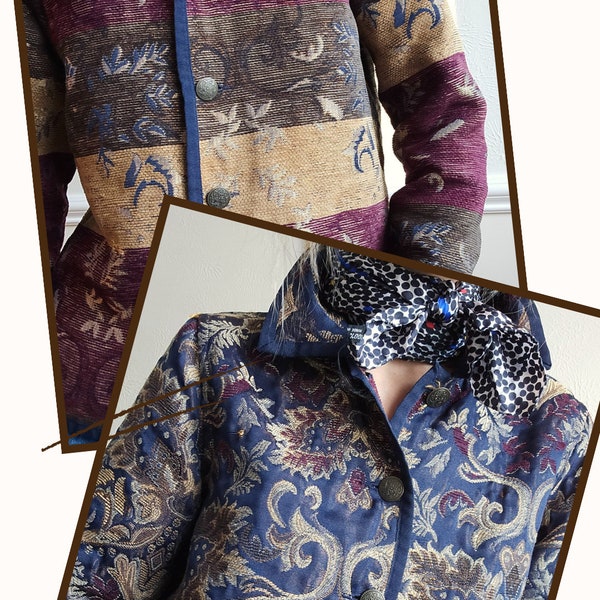 Vintage reversible tapestry jacket fancy design 2 sided burgundy blue whimsical