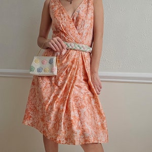 Sleeveless silk blend pleated dress silk cotton orange elegant 8 M L vintage pleated
