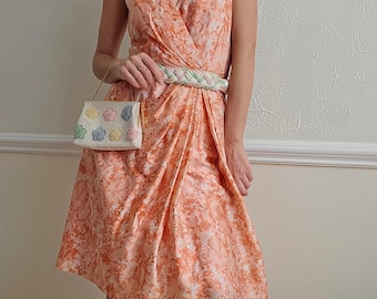 Vestido plissado vintage em mistura de seda: sem mangas, algodão coral, tamanho 8