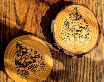Wood Burned Tree Coasters – Rustic Forest Design, Natural Wood Slice (Set of 2)