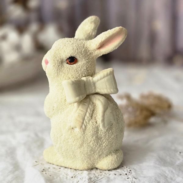 White rabbit bunny with a bow figurine bisque china clay vintage ivory