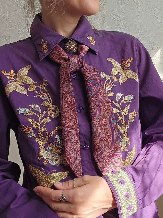 Embroidered purple gold long sleeve shirt, vintag… - image 6