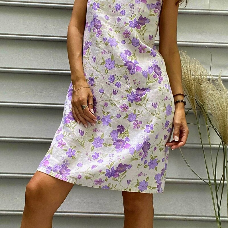 Vintage Linen Purple Flower Print Tunic Dress