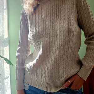 Vintage Cotton Cableknit Sweater Pullover S M Vintage Women&#39;s beige gray 90s lightweight spring