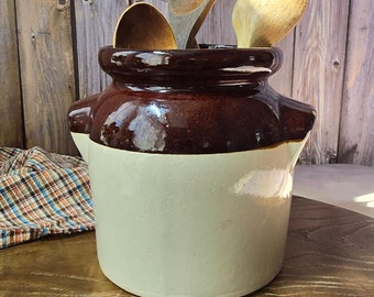 Geglazuurde steengoed pot R.R.P. Co Roseville Ohio USA, vintage keukenkeramische houder voor keukengerei