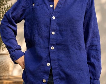 Vintage Linen Button Down Shirt - Boho Relaxed Fit Electric Blue Blouse - Coastal Chic M L