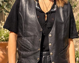 Vintage Black Genuine Leather Vest - Western Biker Buttoned Waistcoat - Boho Rocker Style