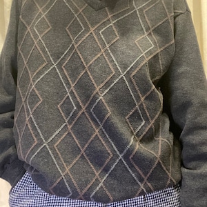 May include: A dark gray sweater with a diamond pattern in white and brown. The sweater has a v-neck and long sleeves. The person is wearing the sweater over a striped shirt with a feather pin.