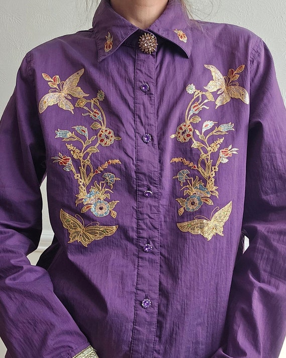 Embroidered purple gold long sleeve shirt, vintag… - image 2