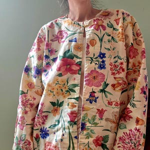 Vintage Floral lightweight cotton canvas jacket top spring colorful L-XL yellow colorful flowers 1-button feminine pink