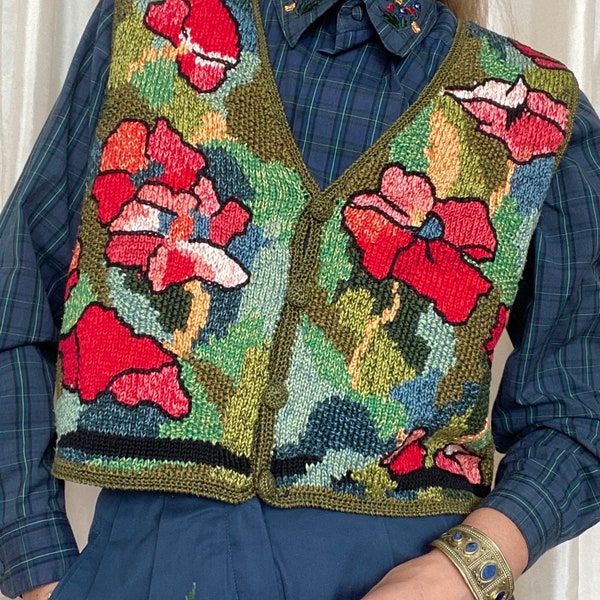 Floral knit Peruvian cotton colorful sweater vest buttons, vintage, poppies multicolored ethnic