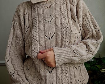 Baumwolle Kragen Pullover Pullover M L Vintage Herren Damen Beige Grau 80er Jahre