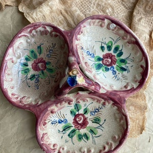 Ceramic Divided 3 Section Candy Relish Condiment Dish Japan Red Floral