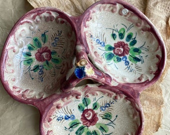 Ceramic Divided 3 Section Candy Relish Condiment Dish Japan Red Floral