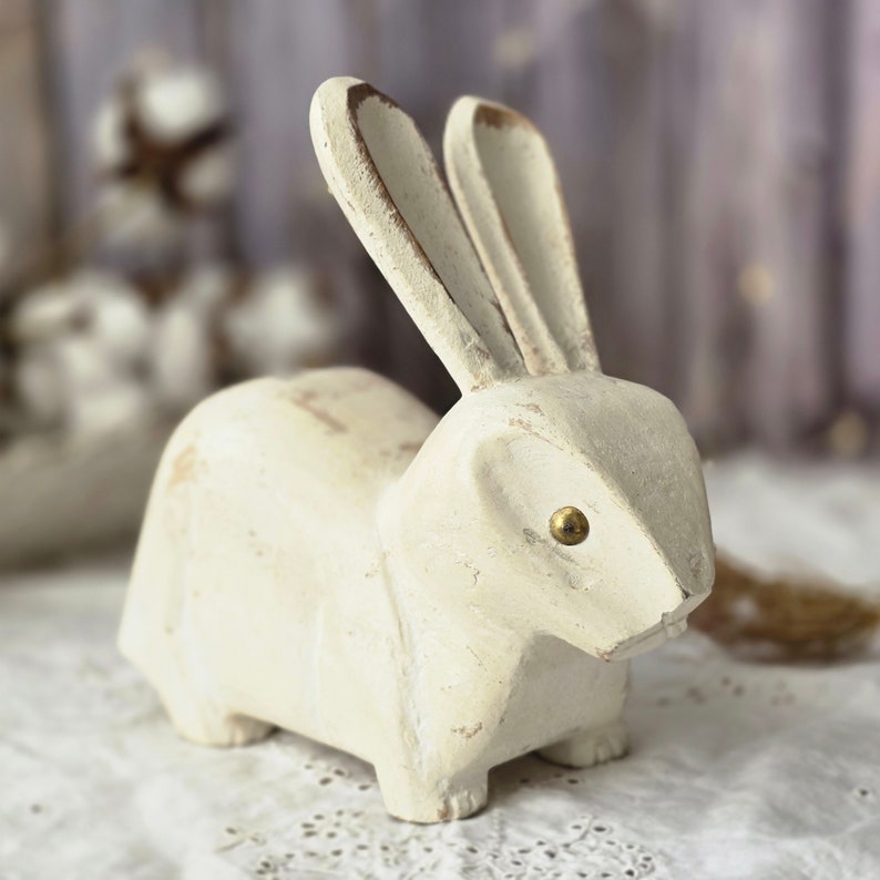 White Rabbit Bunny Wooden Figurine Vintage Shabby Chic Rustic ...