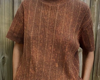 Women vintage Pierre Cardin artistic ribbed knit top short sleeve brown L XL OOAK