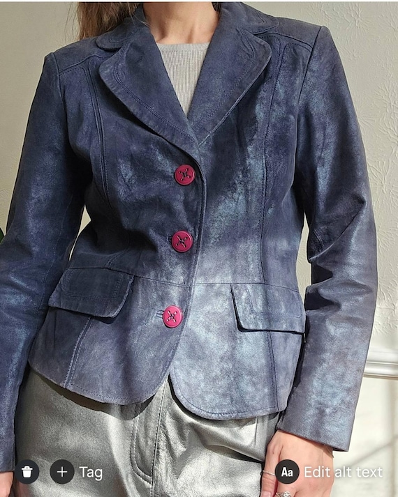 Vintage Suede Blazer Jacket – Indigo Blue with Magenta Buttons Leather Jacket, short, pockets, collared