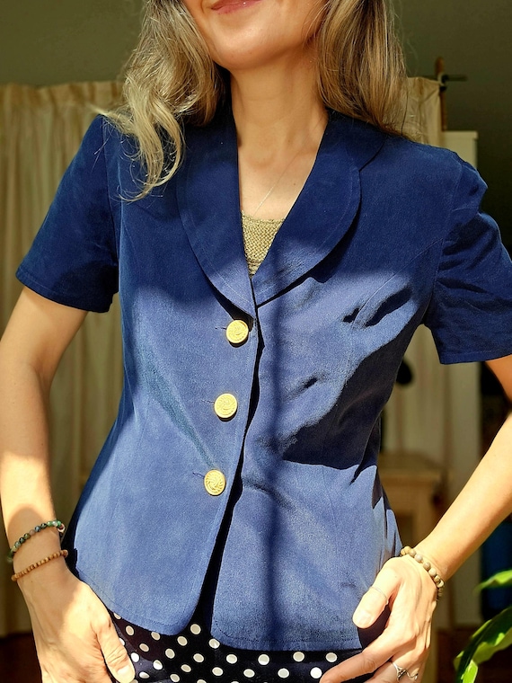 Vintage Silk Short Sleeve Jacket – Navy Blazer With Gold