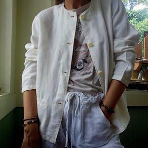 100% linen natural ivory white long-sleeve lightweight jacket, vintage, women&#39;s summer S | M buttoned neutral minimalistic