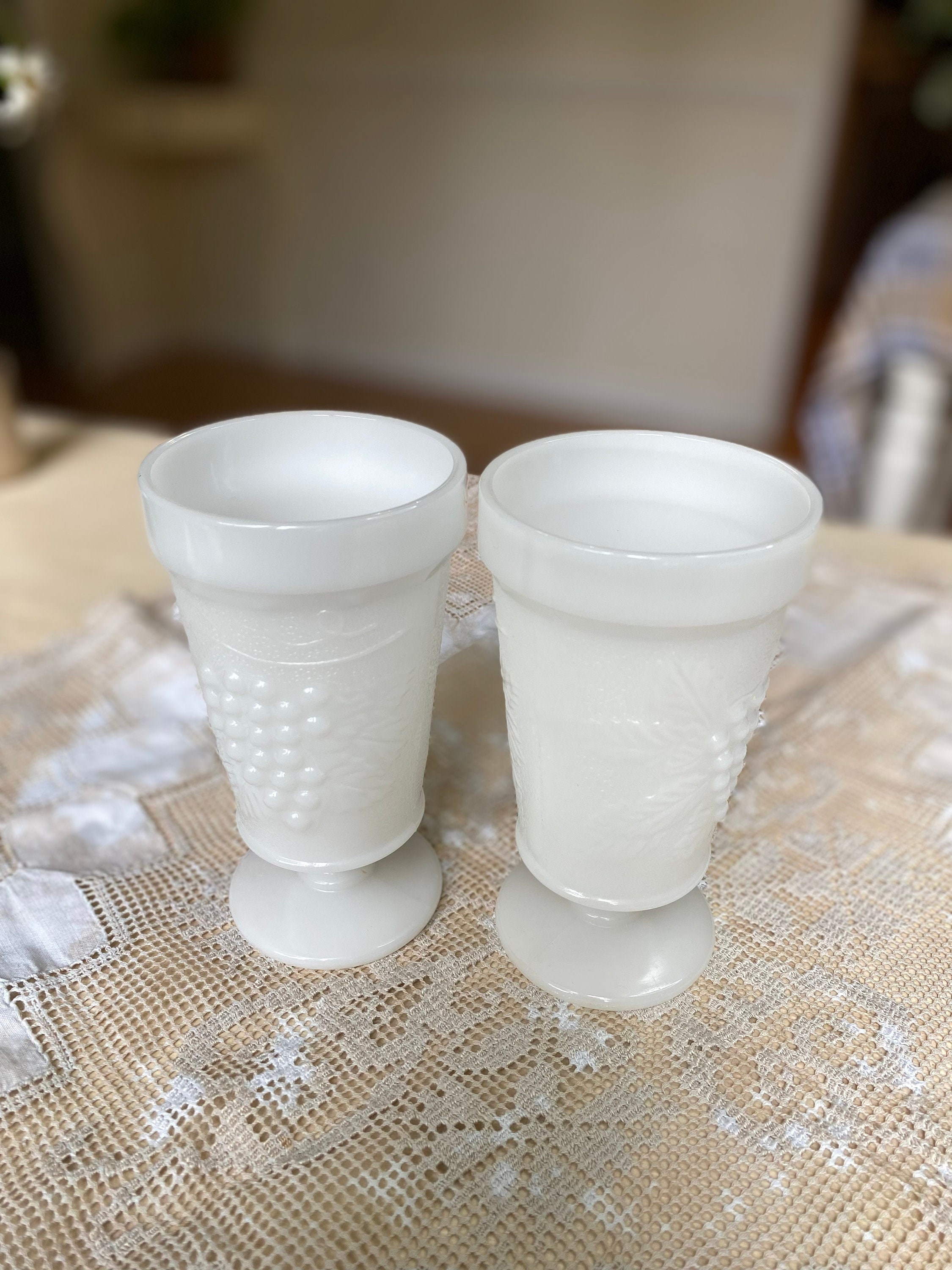 Anchor Hocking Milk Glass Harvest Grape Wine Goblets vintage set of 2 white