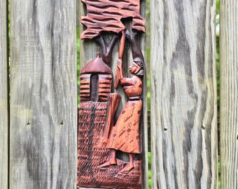 African wooden handcarved original wall hangings decor working woman handmade wood Ghana art