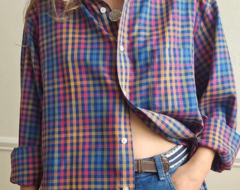 Plaid colorful long sleeve button down shirt, rainbow, vintage 90s lightweight multicolor checkered L XL unisex men women Daniel Cremieux