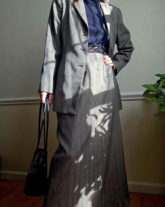 Vintage Wool Blazer Skirt Set: Striped Maxi Skirt, Size L