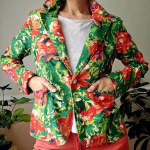 Vintage Floral lightweight cotton canvas jacket top spring colorful S M green pink colorful flowers 1-button feminine blazer