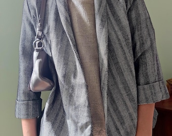 Vintage Wool Cropped Herringbone Jacket: Dark Academia Bolero Blazer (S/M)