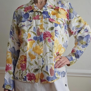 Vintage Floral lightweight linen blend jacket blouse top spring colorful S M L pink green blue yellow S M L buttoned pockets collared