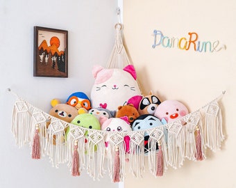 Hamaca de juguete Macrame, decoración de sala de juegos arcoíris, red de almacenamiento, regalo para niños, hamaca de animales de cosas, guardería Boho Girl, organización de juguetes J21