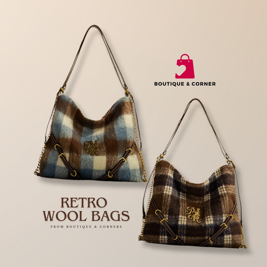 Retro Wool Bags Felted Wool Plaid Bag Tweed Hobo Bag With Etsy