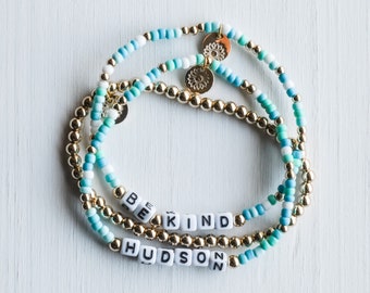 Shades of Teal Personalized Bracelet | Name Bracelet | Words or Motivational Sayings | Mom Gift | Teacher Gift | Seed Beads | Stackable