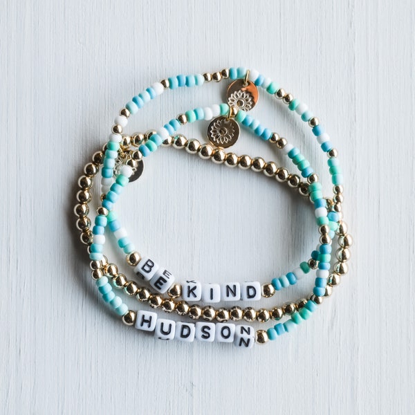 Shades of Teal Personalized Bracelet | Name Bracelet | Words or Motivational Sayings | Mom Gift | Teacher Gift | Seed Beads | Stackable