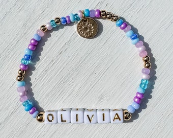 Unicorn Name Bracelet: 14K Gold Plated Charm, Personalized Beaded Bracelet
