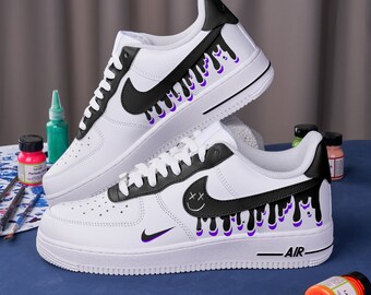 Hand Painted Nike Air Force 1 Custom Black Drops Nike Shoes Black And Purple Air Force 1 Custom Nike Sneakers Custom Shoe Gifts