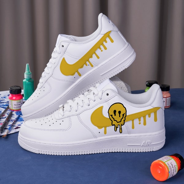 Hand Painted Nike Air Force 1 Custom Yellow Drops Nike Shoes Melting Smiley Face Air Force 1 Custom Nike Sneakers Trippy Smiley Shoes
