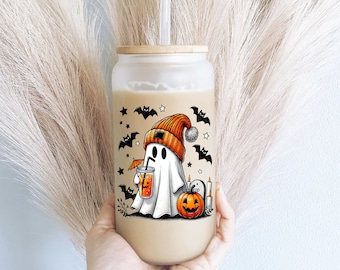 Halloween Ghost Iced Coffee Glass Cup with Lid and Straw