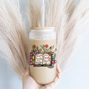 Book lover iced coffee cups  Glass can tumbler with lid Book lover Iced coffee Glass can tumbler cups book lover gifts Cold coffee glass cup