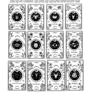 May include: Black and white illustrations of the 12 zodiac signs with their corresponding constellations, glyphs, and birth flowers. Each sign is framed in a decorative border.