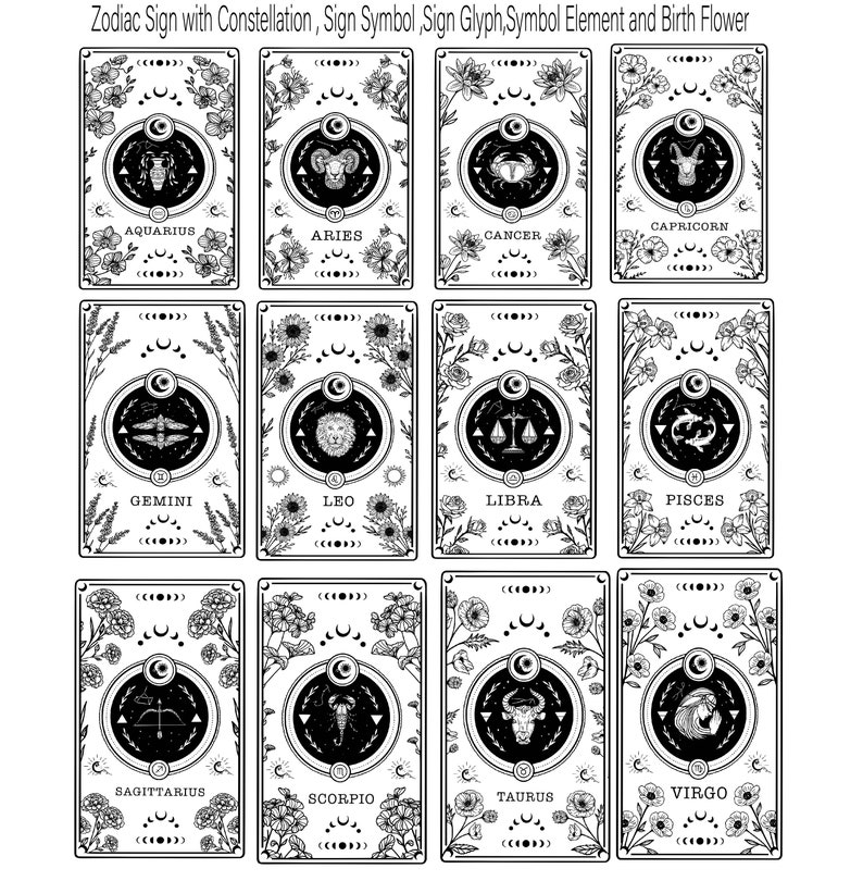 May include: Black and white illustrations of the 12 zodiac signs with their corresponding constellations, glyphs, and birth flowers. Each sign is framed in a decorative border.