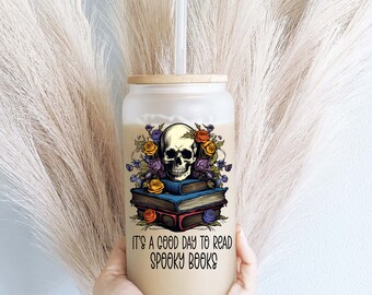 Skeleton Good day to read a book Halloween Iced coffee Glass cup with lid and straw Halloween glass can iced coffee glass Coffee Tumbler