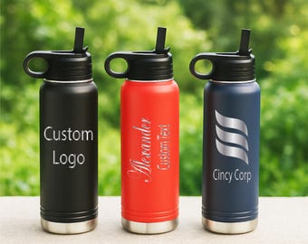 Custom Logo or Name Water Bottle – Personalized Engraved Stainless Steel Sports Bottle – Corporate Gifts, Team Swag, Business Branding