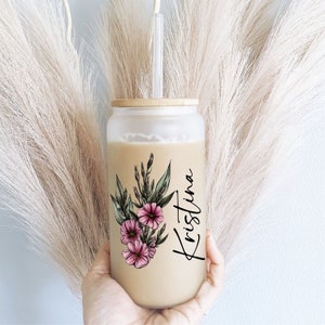 Birth Flower iced coffee cup Personalized with Lid straw Bridesmaid proposal gift tumbler Bachelorette party favor birth flower coffee glass